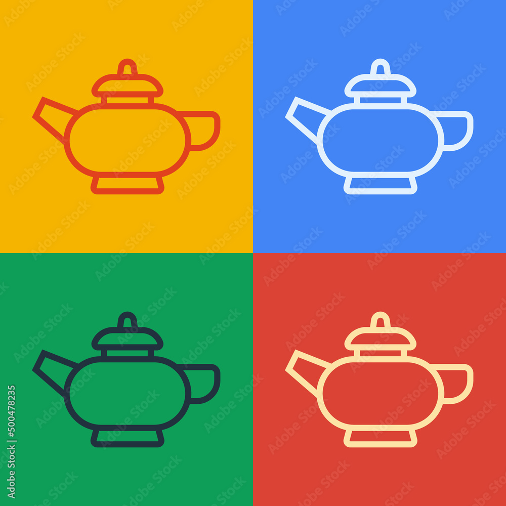 流行艺术线中国传统茶道图标隔离在彩色背景上。带杯子的茶壶。Ve