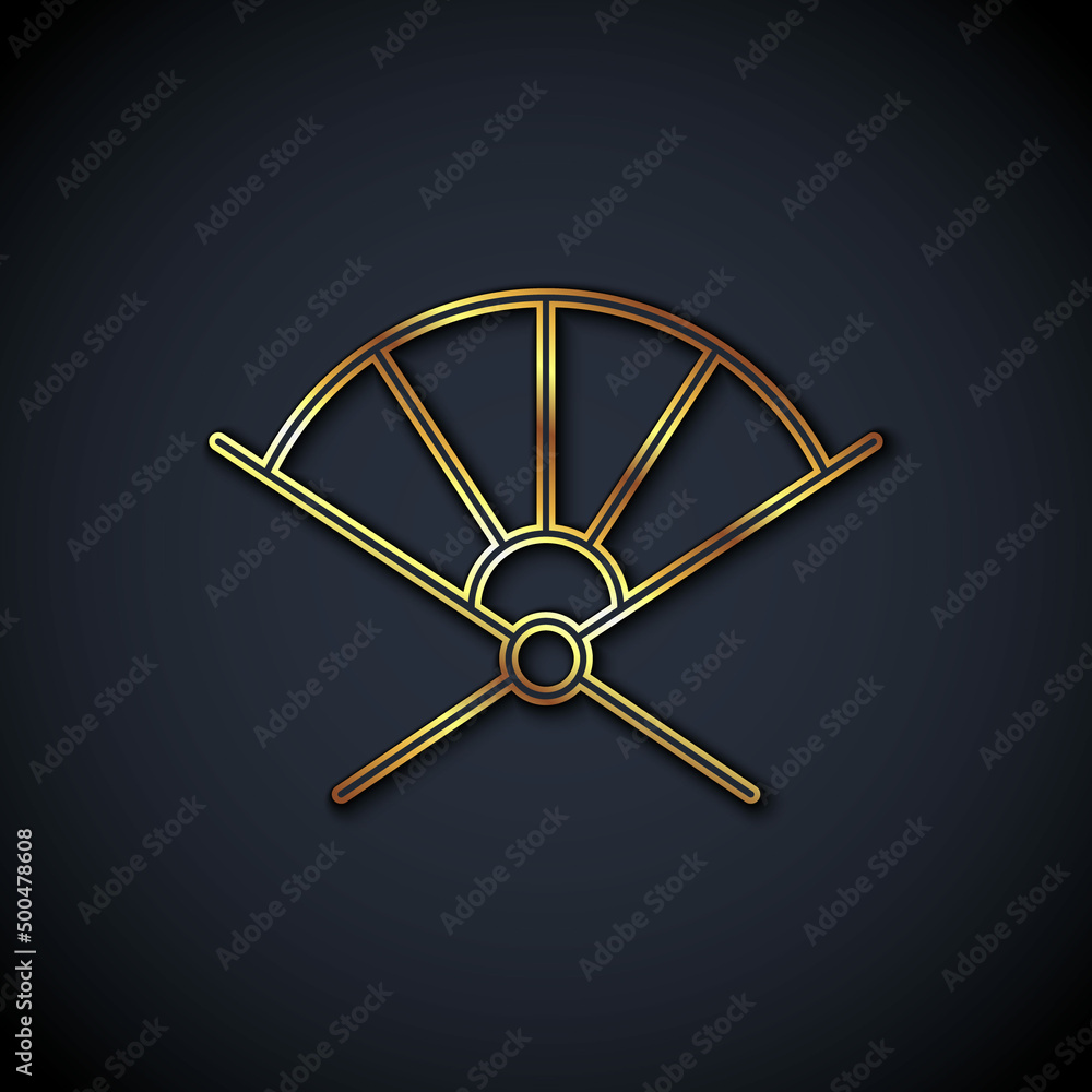 Gold line Traditional paper chinese or japanese folding fan icon isolated on black background. Vecto