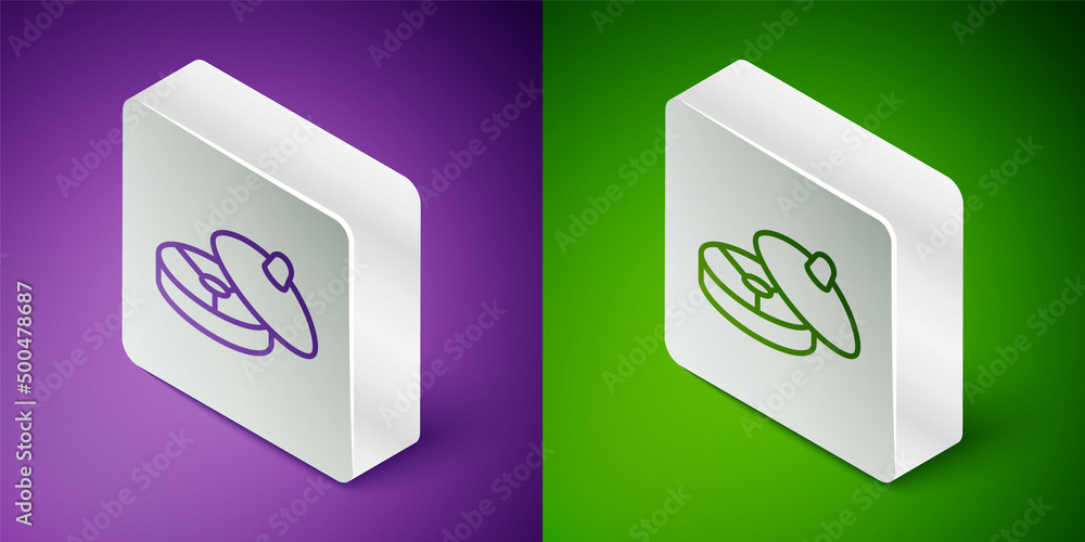 Isometric line Traditional Chinese tea ceremony icon isolated on purple and green background. Teapot