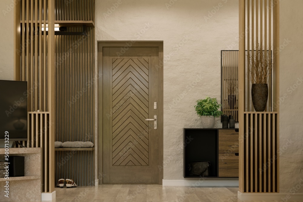 木质走廊设计，带入口门和现代家具。3D插图