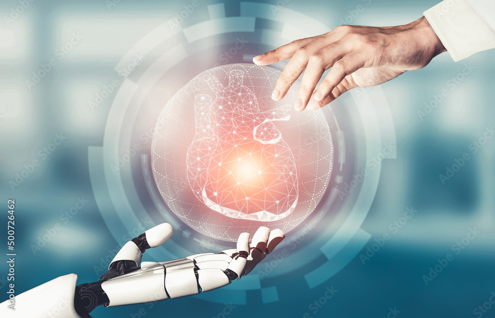 3D渲染医疗人工智能机器人在未来医院工作。未来主义专业人士