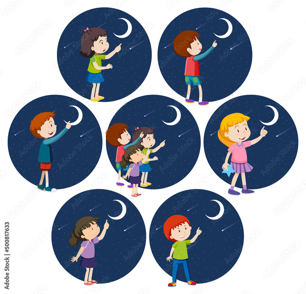 一群不同的孩子指着月亮