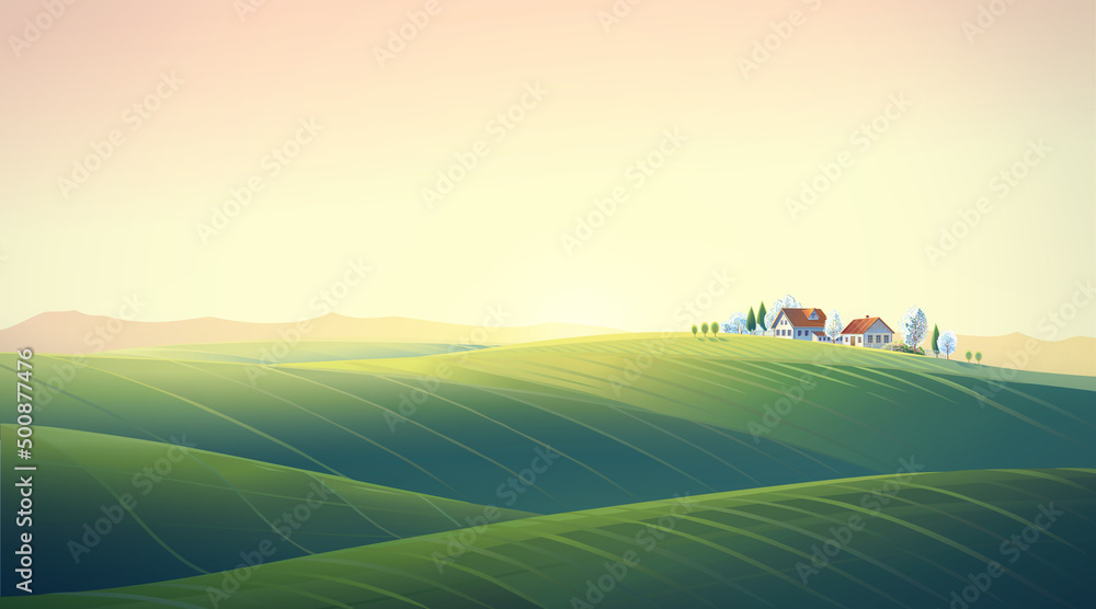 日出背景下的乡村泉水景观，村庄和山丘。光栅插图。
