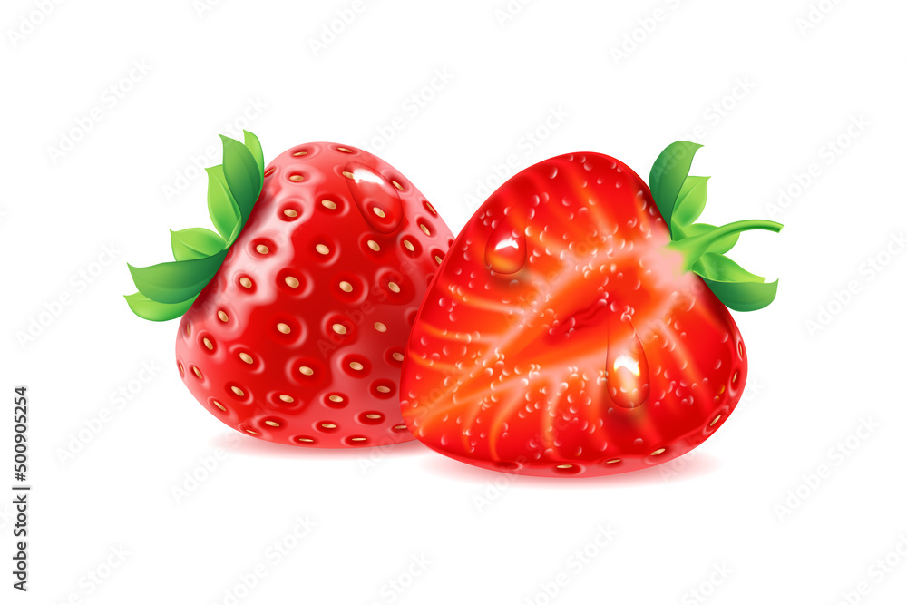新鲜成熟的草莓，全浆果，切成两半。矢量平面卡通自然