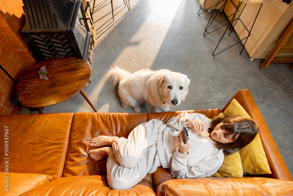 一个女人放松地躺在沙发上，在家里和她的狗一起打电话。从上面看广角。消费