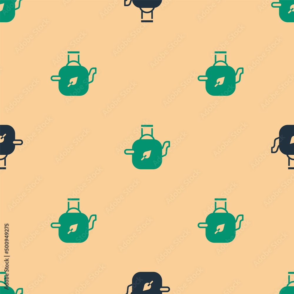 Green and black Teapot with leaf icon isolated seamless pattern on beige background. Vector