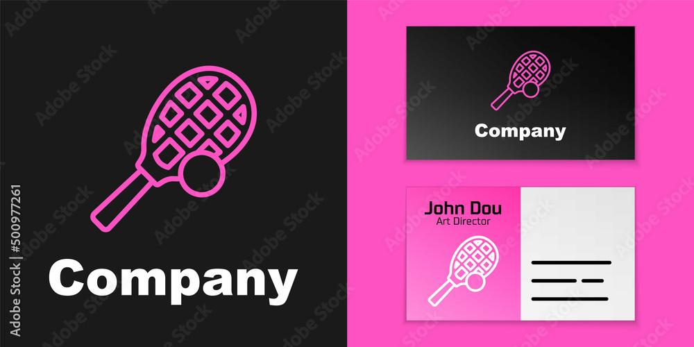Pink line Tennis racket with ball icon isolated on black background. Sport equipment. Logo design te