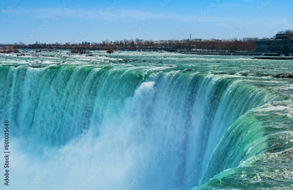 Close view of Niagara Falls waters falling down