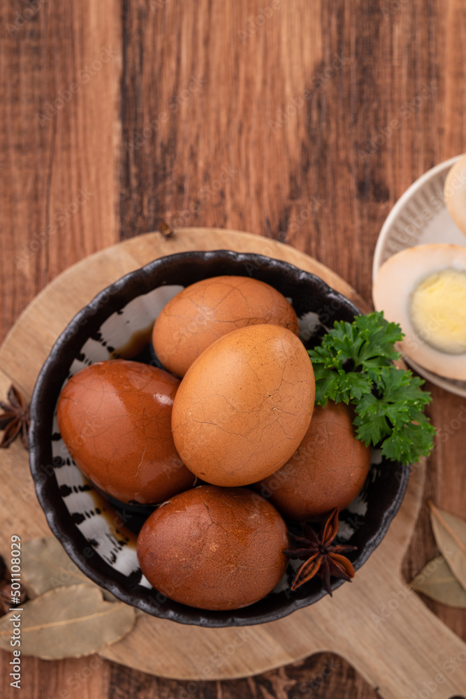 Delicious traditional Taiwanese food tea eggs.