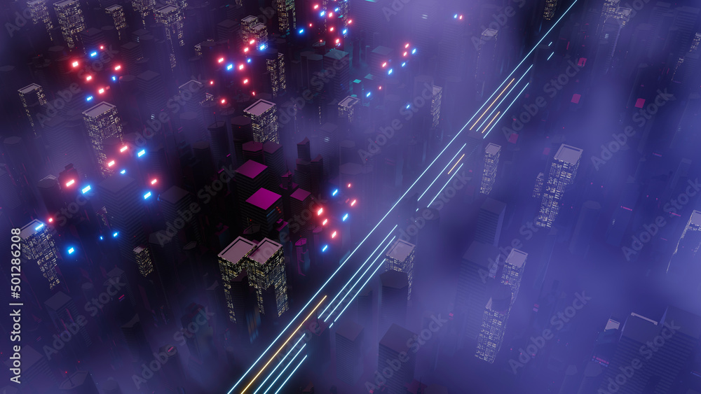 赛博朋克夜城市景观概念的3d渲染。黑暗场景中发光。夜生活。科技