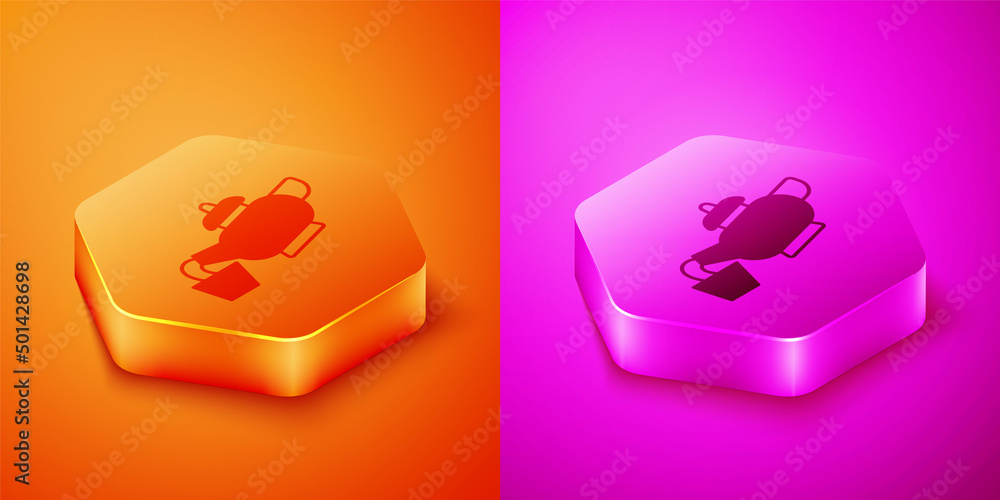 Isometric Traditional Chinese tea ceremony icon isolated on orange and pink background. Teapot with 