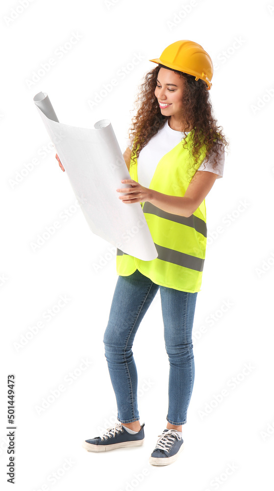 Young female designer with drawings on white background