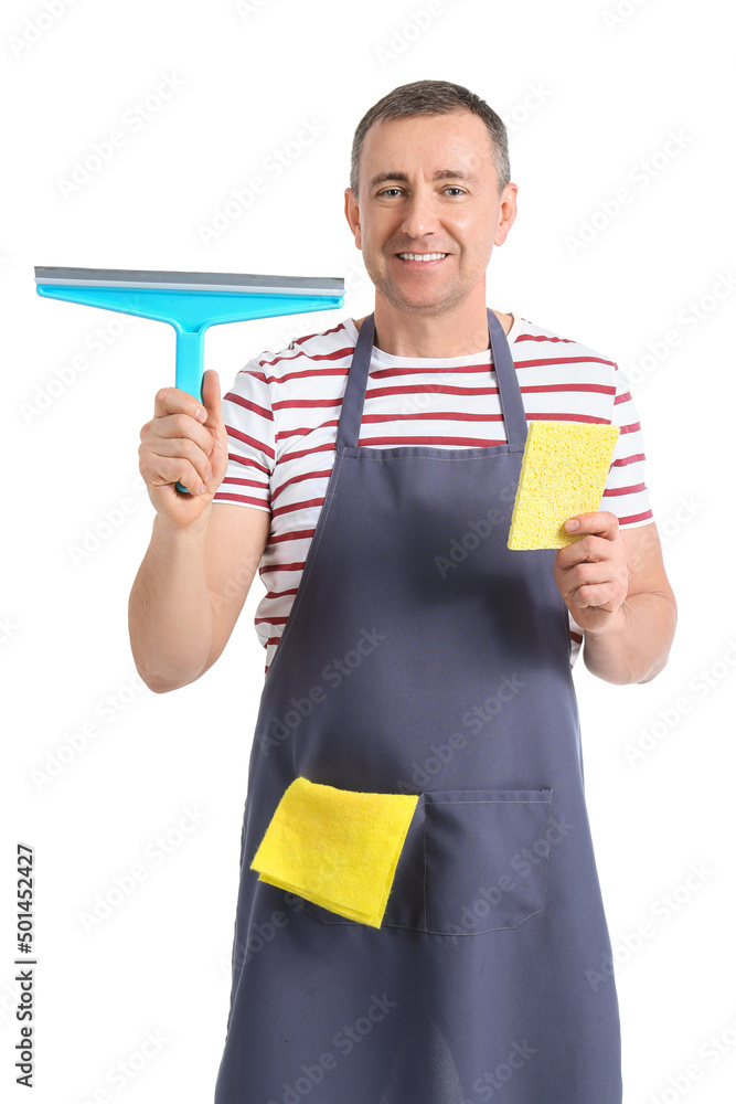 Mature worker of cleaning service with squeegee and rag on white background