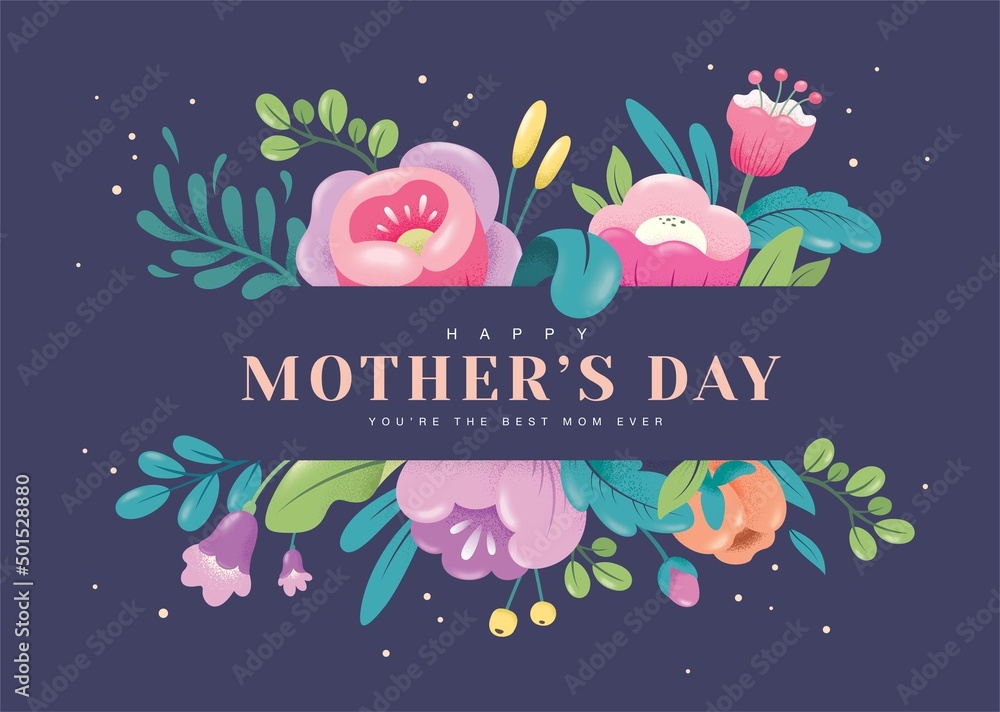 Happy mothers day greeting card with beautiful blossom flowers.