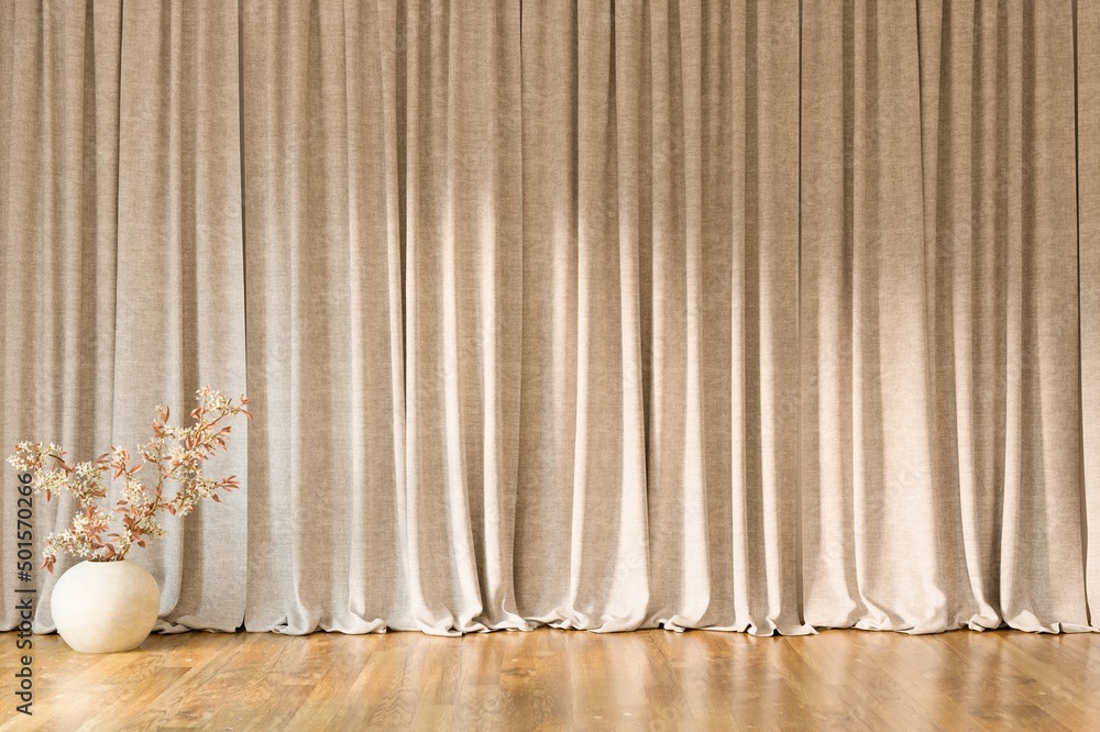 Empty room with fabric curtains wall and home plant. Scandinavian interior design. 3D illustration