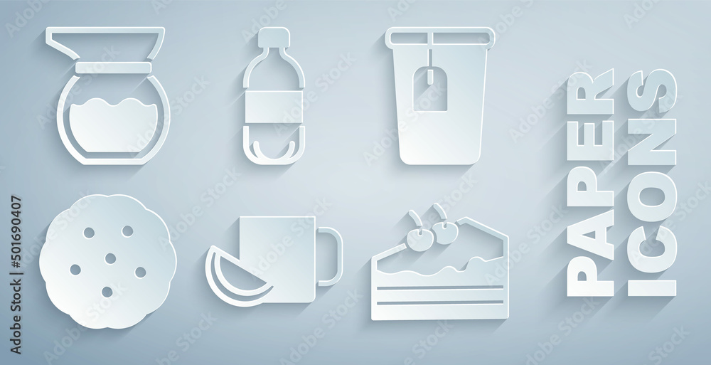 装一杯柠檬茶，袋子，饼干或饼干，蛋糕，瓶装水和茶壶图标。矢量