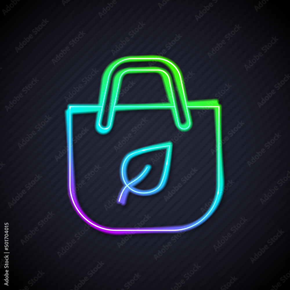闪闪发光的霓虹灯线黑色背景上隔离回收图标的纸质购物袋。带回收物的袋子