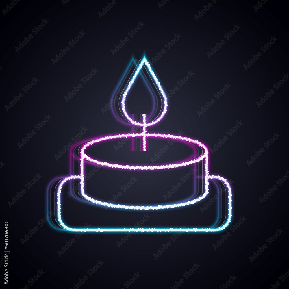发光的霓虹灯线条在黑色背景上隔离的芳香蜡烛图标。矢量