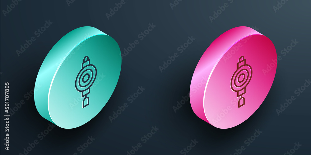 Isometric line Chinese paper lantern icon isolated on black background. Turquoise and pink circle bu