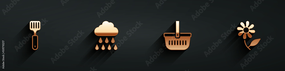 Set Spatula, Cloud with rain, Picnic basket and Flower icon with long shadow. Vector