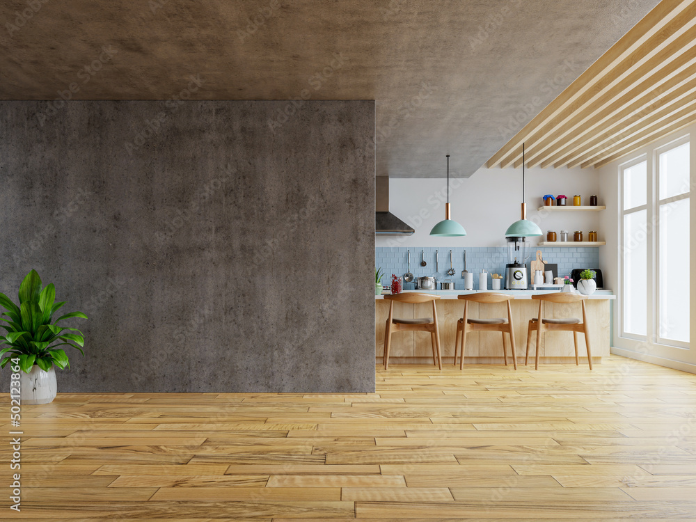 厨房风格房子中的混凝土墙模型，房间内有配件。