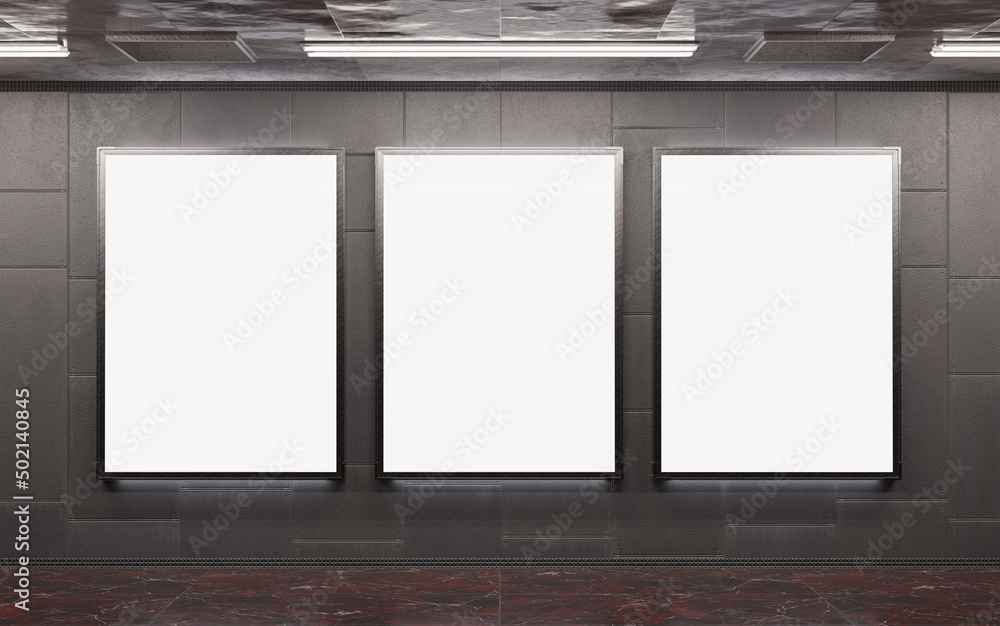 地铁地下墙上的三块空白广告牌实物模型。火车上的三联广告牌