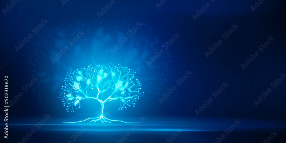 在宽蓝色背景上发光的数字多边形树，带有实体模型。网络、技术和d