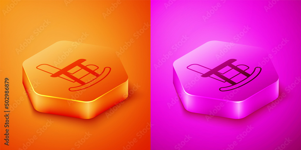 橙色和粉色背景上隔离的等距摇椅图标。六边形按钮。矢量