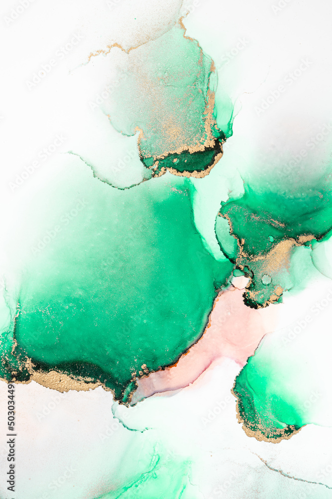 Green gold abstract background of marble liquid ink art painting on paper . Image of original artwor