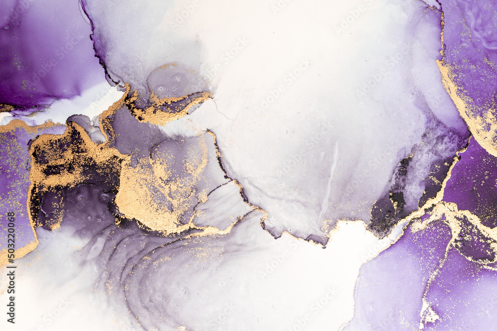 Purple gold abstract background of marble liquid ink art painting on paper . Image of original artwo