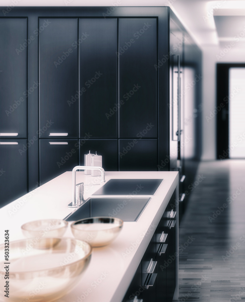 Moderne Einbauküche in Planung (Deitailansicht mit eir Kochinsel) - 3D Visualisierung