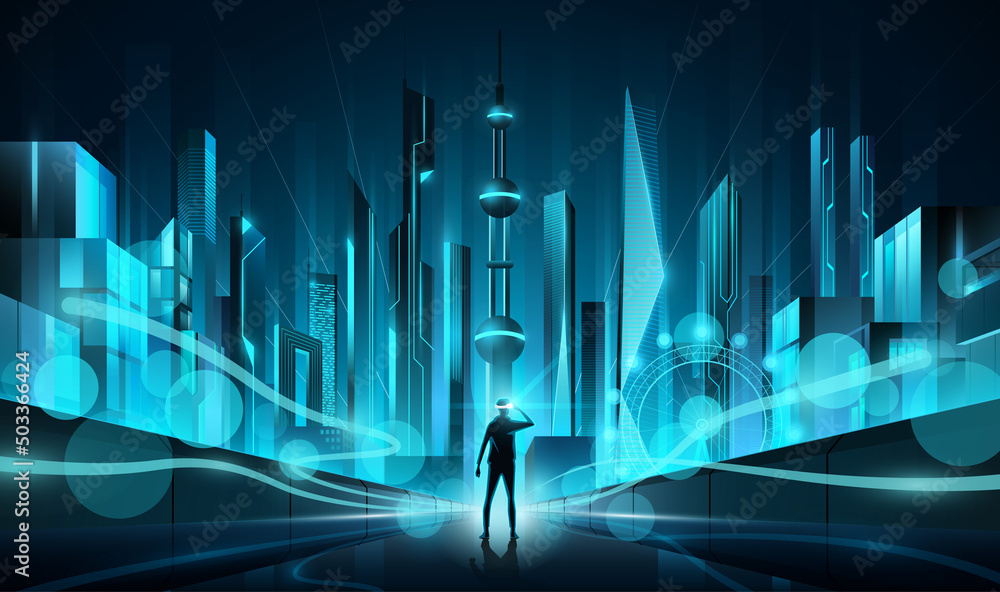 Metaverse未来蓝色城市景观透视图，Metaverse技术世界概念，矢量幻象