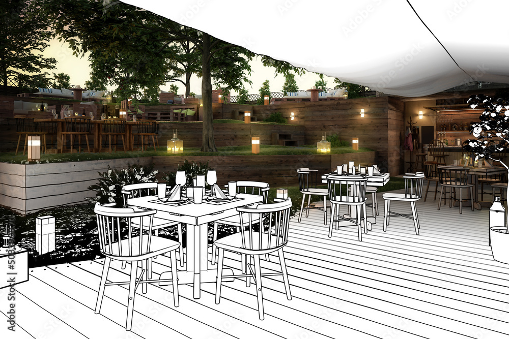花园酒吧和餐厅内部（图纸）-三维可视化