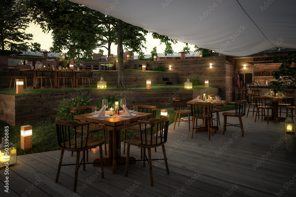 花园酒吧和餐厅内部-三维可视化
