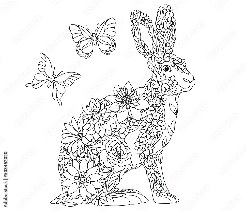 花卉成人涂色书页面。童话般的野兔或兔子。由花朵组成的以太动物，l