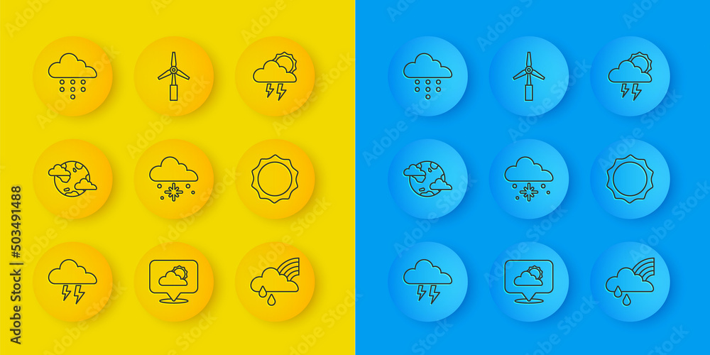设定风暴、有云的地球行星、云雪、彩虹和雨、太阳和风力涡轮机图标。