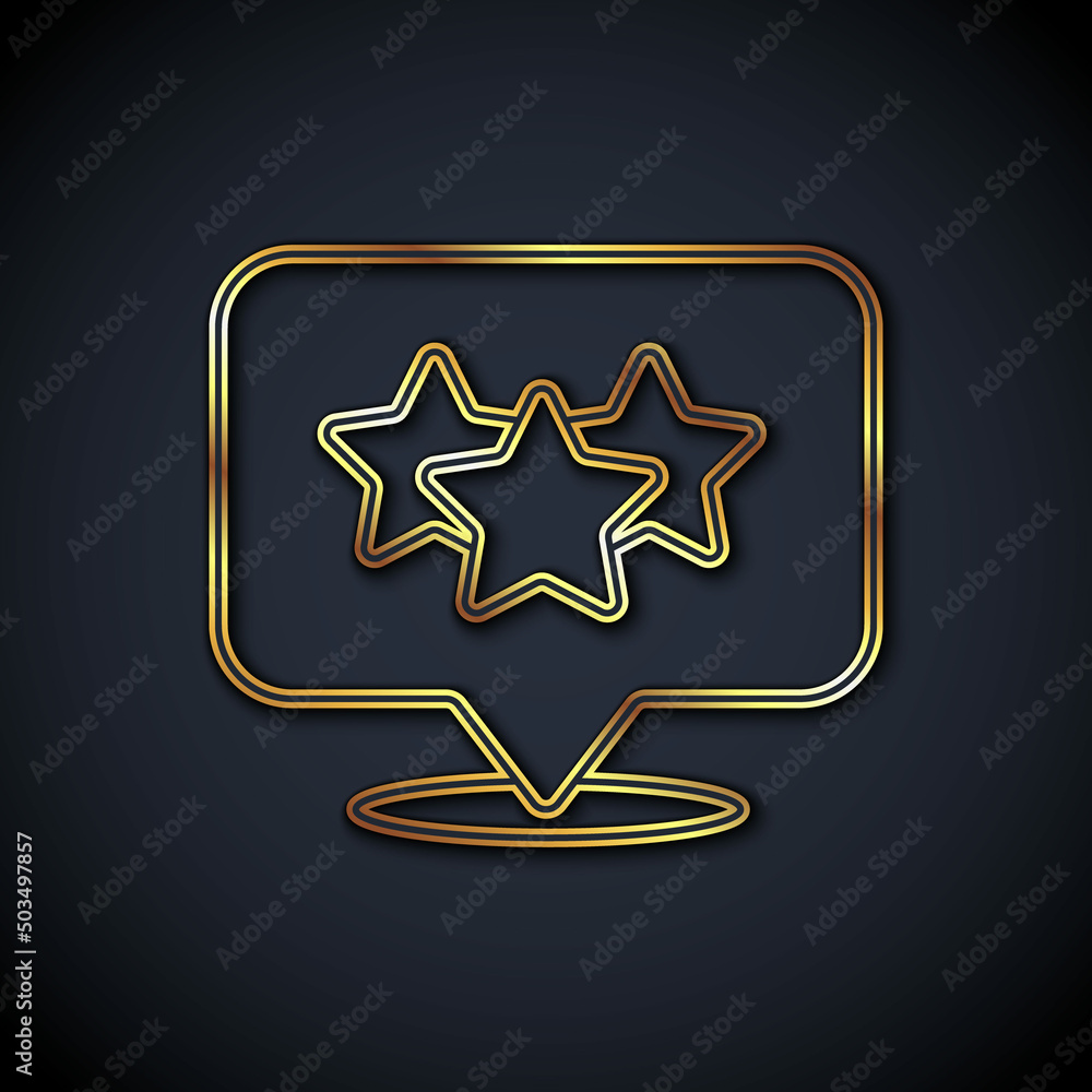 Gold line Five stars customer product rating review icon isolated on black background. Favorite, bes
