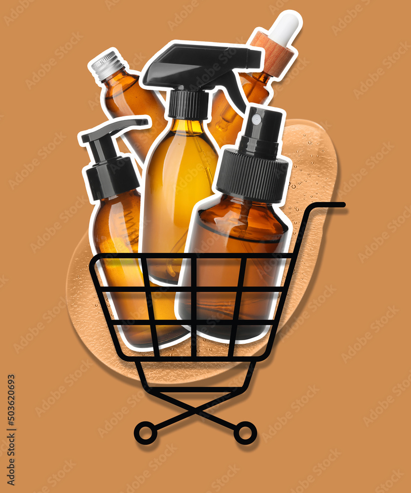 Collage with shopping cart and cosmetic products on beige background