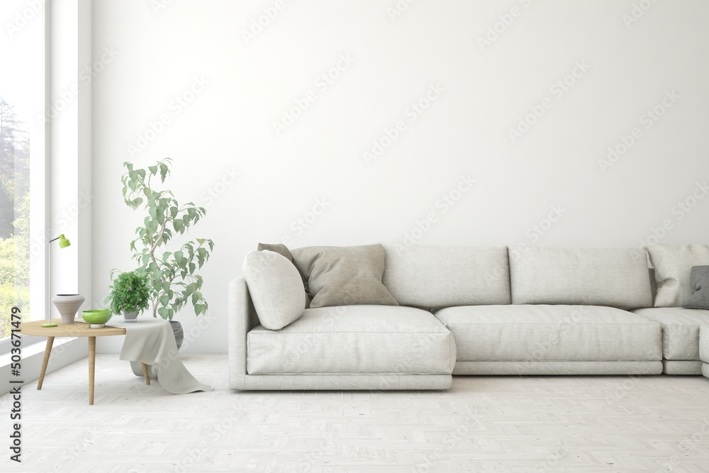 带沙发的白色客厅。斯堪的纳维亚室内设计。3D插图