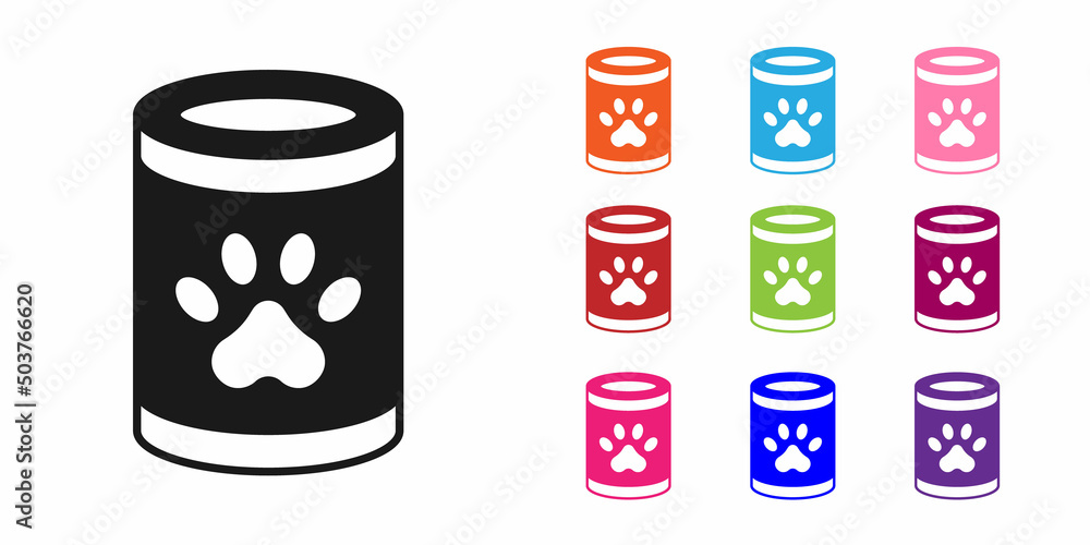 白色背景上隔离的黑色罐头食品图标。动物食品。宠物食品罐。设置图标颜色