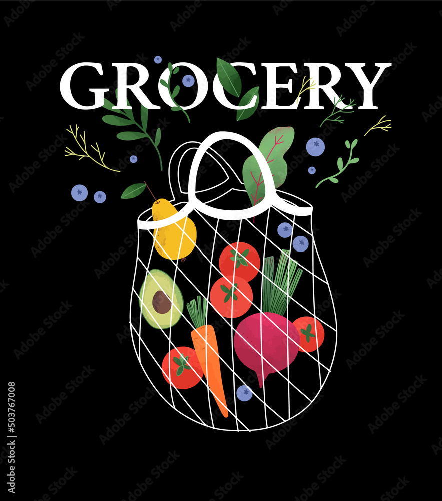 彩色矢量插图-装有生蔬菜和水果的购物袋。鳄梨、梨、甜菜根