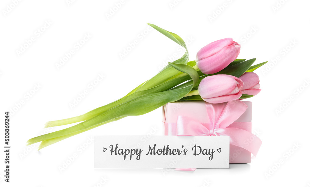 纸上写着母亲节快乐，粉色郁金香和白底礼盒