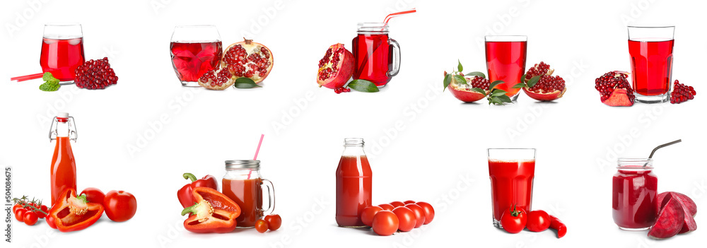 Set of healthy red juices on white background