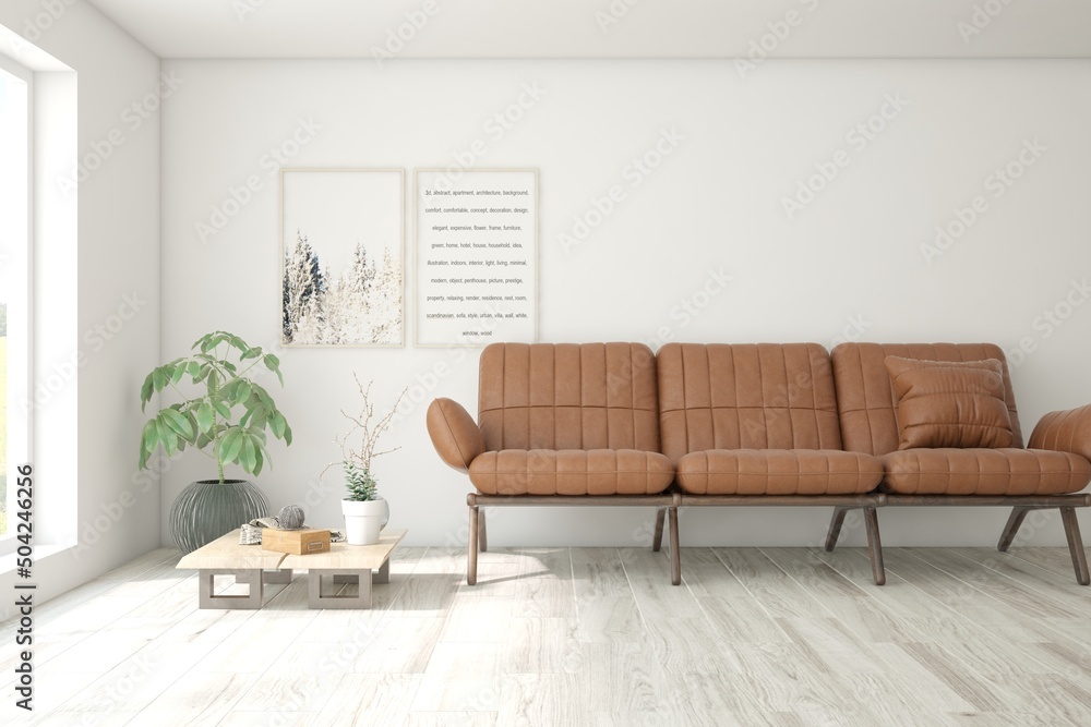 带皮沙发的白色客厅。斯堪的纳维亚室内设计。3D插图
