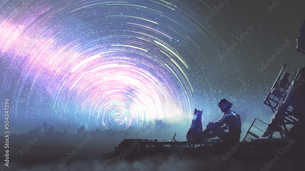 穿着未来主义西装的男人和他的宠物坐在那里看着天空中的星迹，数字艺术风格