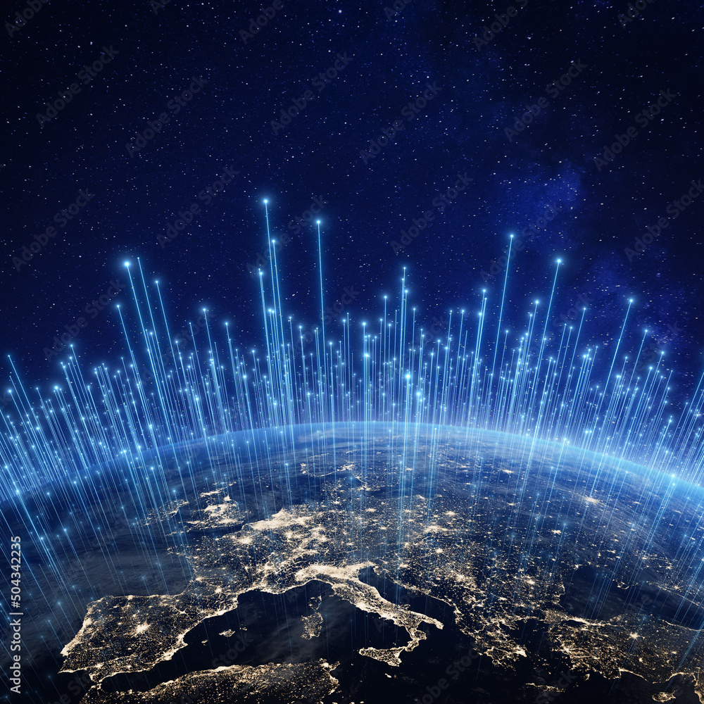从太空看欧洲上空的全球通信网络。互联网蜂窝连接和卫星