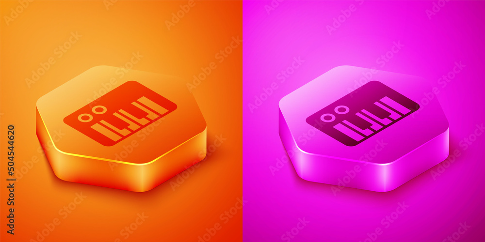 橙色和粉色背景上隔离的等距音乐合成器图标。电子钢琴。Hexagon b
