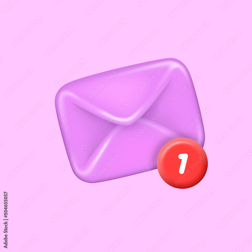 3D render E-mail icon with one unread message notification. An email with a new message. New mail. I