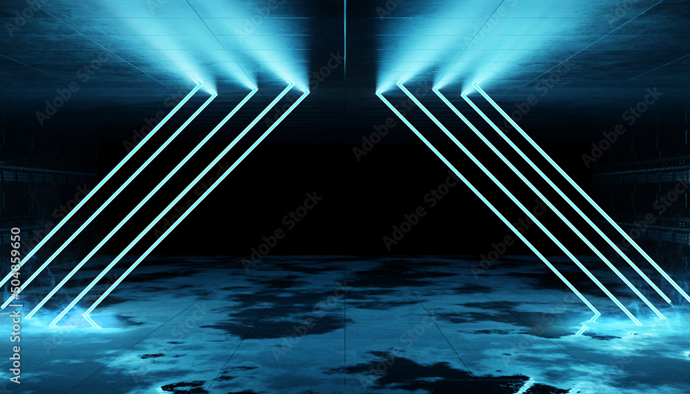 网络霓虹灯激光内部。车库室机库，配有科幻发光的蓝色管道。黑暗隧道仓库