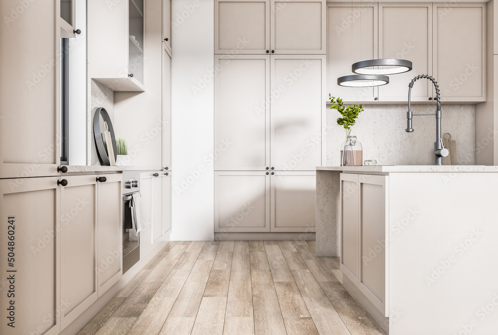 阳光时尚浅色厨房的侧视图，配有现代装饰和木地板。3D rend
